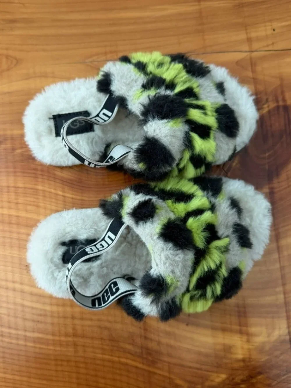 UGG Multicolor Faux Fur Fluff Yeah Animalia Slide Sandals Girls Size 10
